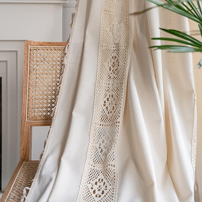 Sutuo Home Boho Curtain Crochet Lace Patchwork Semi-Blackout Bohemian Handmade Tassels, Rod Pocket Window Treatment Vintage Rustic Farmhouse Drapes for Bedroom, 1 Panel 59" W x 96" L, Beige-Ruum Studio Home