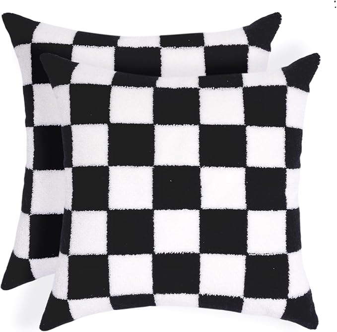 Alysheer Checkered Embroidered Decorative Throw Pillow Covers 18"x 18" Set of 2, Farmhouse Cottage Black White Plaid Tufted Patterned Cotton Canvas Cushion Case for Sofa Couch Bed Living Room-Ruum Studio Home