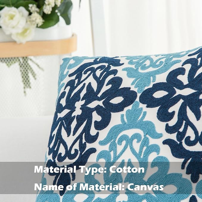 HWY 50 Blue Decorative Throw Pillow Covers 18x18 Inch (1 Piece), Embroidered Cotton Farmhouse Cushion Cover Pillow Case for Sofa Couch Living Room Bed Bedroon, Floral Geometric-Ruum Studio Home