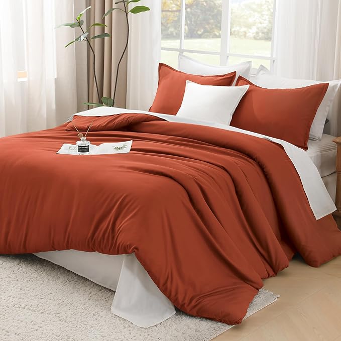 Litanika Comforters Burnt Orange Oversized King Size, 3 Pieces Lightweight Solid Bedding Comforter Set, All Season Fluffy Bed Set (120x98In Comforter & 2 Pillowcases)-Ruum Studio Home