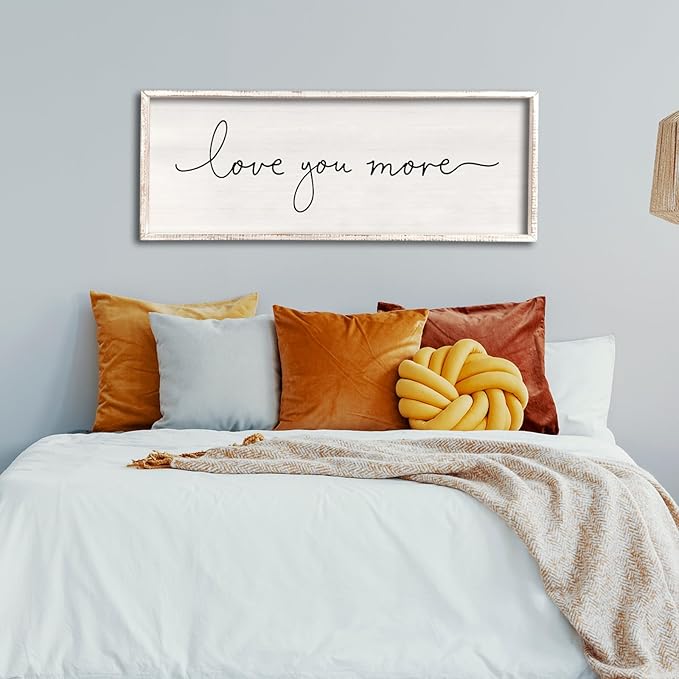 Love You More Sign 40''×15'' Master Bedroom Above Over Bed Wall Decor Modern Farmhouse Large Vintage Wood Framed Hanging Over Bed Bedside Wall Art (White)-Ruum Studio Home