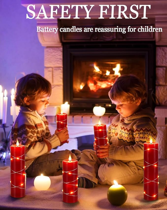 Red Flameless Candle with Remote Control LED Candle with String Lights Battery Powered Flameless Candle4'' 5'' 6'' 7'' 8'' Candles of 5 Pcs-Ruum Studio Home