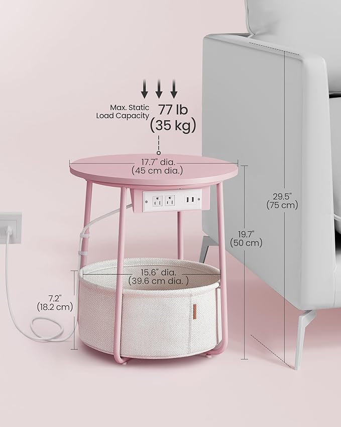 VASAGLE Side Table with Charging Station, Round End Table with Fabric Basket, Nightstand with Power Outlets, USB Ports, for Living Room, Bedroom, Modern, Jelly Pink and Cream White ULET228R01-Ruum Studio Home
