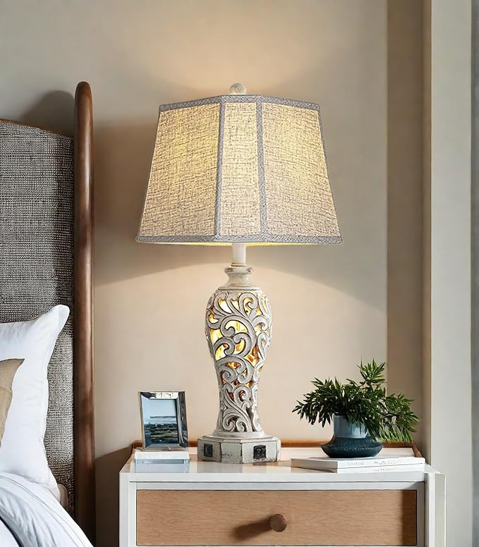 25'' Farmhouse Table Lamp for Living Room Bedroom, 2 USB Ports Vintage Rustic Nightstand Desk Lamp with Nightlight, White Hollow Out Resin Lamp for End Table (Bulb Included)-Ruum Studio Home