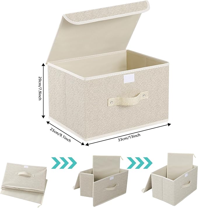 Storage Boxes, Collapsible Storage Bins with Lids, Cotton and linen cloth Storage Baskets with Handle, for Books, Closet, Bedroom, Home, 13x9.1x7.9 in, Grey and Beige-Ruum Studio Home