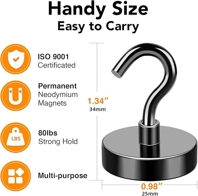 MIKEDE Black Magnetic Hooks, 80Lbs Heavy Duty Earth Magnets with Hooks for Cruise Cabin, Strong Magnet Hooks for Hanging, Super Metal Magnetic Hanger for Grill, Fridge, Kitchen - Pack of 10-Ruum Studio Home