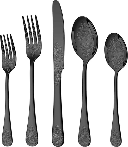 20 Pcs Black Silverware Set for 4 with Classical Flower Embossed Design, Food Grade Stainless Steel Flatware Set, Eating Utensils Sets Include Fork/Knife/Spoon, Cutlery Set, Dishwasher Safe-Ruum Studio Home