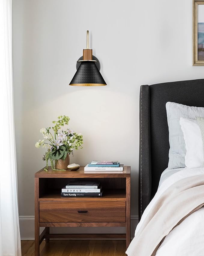 Black Wall Sconce, HWH Industrial Indoor Wall Light Fixture, Single Wall Vanity Light Gooseneck Barn Wall Lamp with Hammered Metal Shade, Black and Gold Finish, 5HZG74B BK+BG-Ruum Studio Home