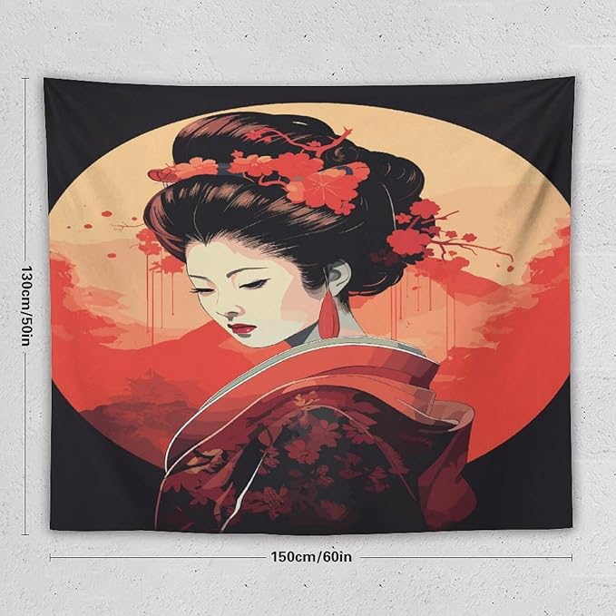 Japanese Woman Geisha Tapestry Asian Cherry Blossom Red Sun Traditional Kimono Folk Tapestries Home Decor for Living Room Bedroom Apartment Farmhouse Dorm 60"x50"-Ruum Studio Home