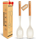 Large Silicone Cooking Spoon Set, 2 Pack Solid Slotted Spoon with Wooden Handle, Nonstick Silicone Kitchen Spoons for Cooking, Heat Resistan Spatula Set for Serving, Basting, Mixing (White)-Ruum Studio Home