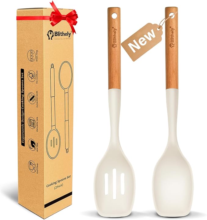 Large Silicone Cooking Spoon Set, 2 Pack Solid Slotted Spoon with Wooden Handle, Nonstick Silicone Kitchen Spoons for Cooking, Heat Resistan Spatula Set for Serving, Basting, Mixing (White)-Ruum Studio Home
