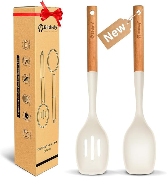 Large Silicone Cooking Spoon Set, 2 Pack Solid Slotted Spoon with Wooden Handle, Nonstick Silicone Kitchen Spoons for Cooking, Heat Resistan Spatula Set for Serving, Basting, Mixing (White)-Ruum Studio Home