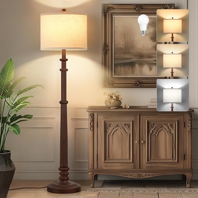 Floor Lamps for Living Room - 60" Resin Farmhouse Floor Lamp with 3 Color Temperatures - Vintage Standing Lamp Reading Light with Linen Shade Tall Lamp for Bedroom Office, Reddish Brown-Ruum Studio Home