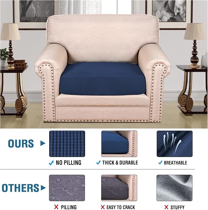H.VERSAILTEX Super Stretch Individual Seat Cushion Covers Sofa Covers Couch Cushion Covers Slipcover Sets Thick Jacquard Textured Twill Fabric (1 Piece Chair Cushion Cover, Navy)-Ruum Studio Home