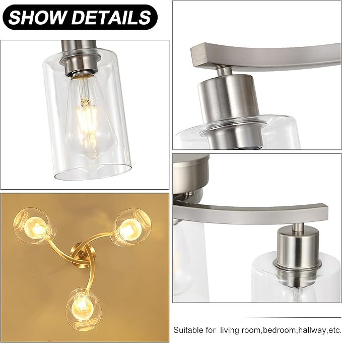 3-Light Brushed Nickel Pendant Lighting for Kitchen Island, Hanging Dining Room Light Fixtures Over Table, Industrial Chandelier for Entryway Hallway Foyer Bedroom, Clear Glass Shade-Ruum Studio Home