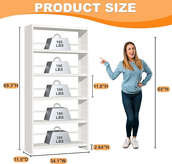 69.3" H Home Office Bookcase Shelf Storage,5 Tier Bookcase with Open Display Shelves,Industrial Wide Bookshelf with Metal Frame for Home Office, Living Room, Bed Room (34.1" W)-Ruum Studio Home
