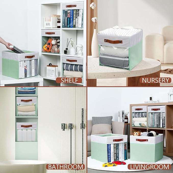 HNZIGE 13x15x13 Cube Storage Bins, 4 Pack Fabric Clear Organizer With Window, Large Collapsible Shelf Bins for Closet, Toy, Clothes - White Green-Ruum Studio Home