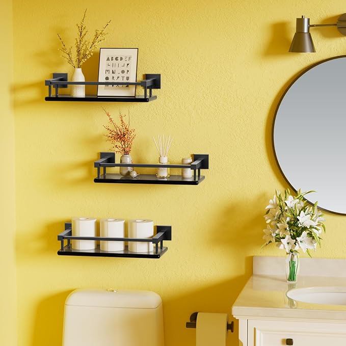 Alise Bathroom Glass Shelf with Stainless Steel Railing, Matte Black Small Tempered Glass Floating Wall Shelf Over The Toilet, 16 inch-Ruum Studio Home