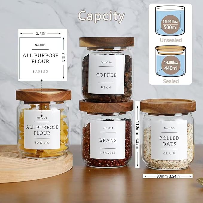 16 OZ Stackable Glass Food Storage Jars with 132 Pantry Labels Preprinted - 6 Pcs Thicken Glass Storage Containers with Airtight Acacia Lid - Clear Kitchen Canister for Spice, Tea, Coffee, Sugar-Ruum Studio Home
