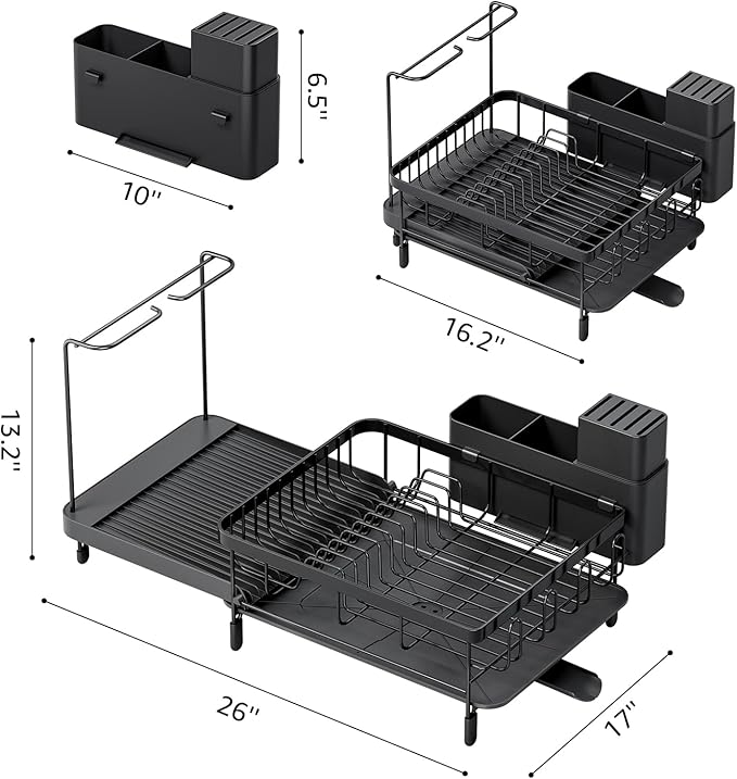 Dish Drying Rack for Kitchen Counter, Expandable Large Capacity Dish Rack with Drainboard, Wine Glasses Holder, Space Saving Organizer, Black-Ruum Studio Home