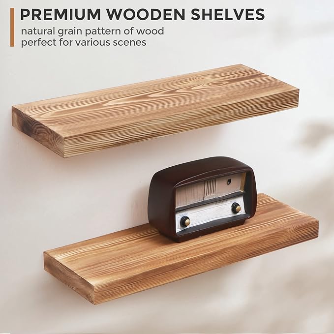 Fun Memories European Pine Floating Shelves for Wall, Mounted Shelf for Decor Storage Set of 2 - Natural Rustic Wooden Wall Shelf for Kitchen Bathroom Living Room Bedroom Farmhouse - Carbonized-Ruum Studio Home