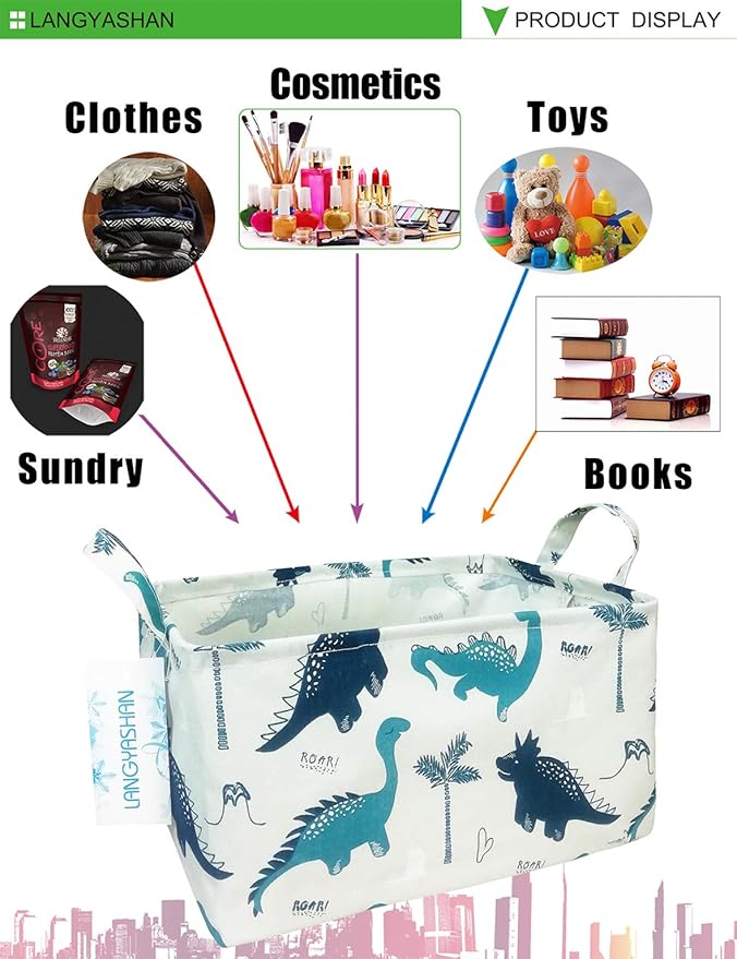 LANGYASHAN Rectangular Storage Bin Collapse Canvas Fabric Cartoon Storage Basket with Handles for Organizing Home Kitchen Boys and Girls Toys Office Closet Shelf Baskets (Rec green dinosaur)-Ruum Studio Home