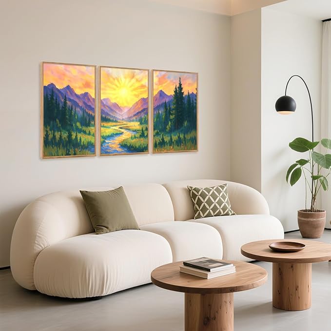 HPNIUB Vintage Mountain Framed Canvas Wall Art Set, Boho Sunrise Art Prints, Forest Nature Wilderness Art Paintings, Modern Farmhouse Pine Tree Wall Decor for Living Room Bedroom, Office- 16"x24"x3-Ruum Studio Home