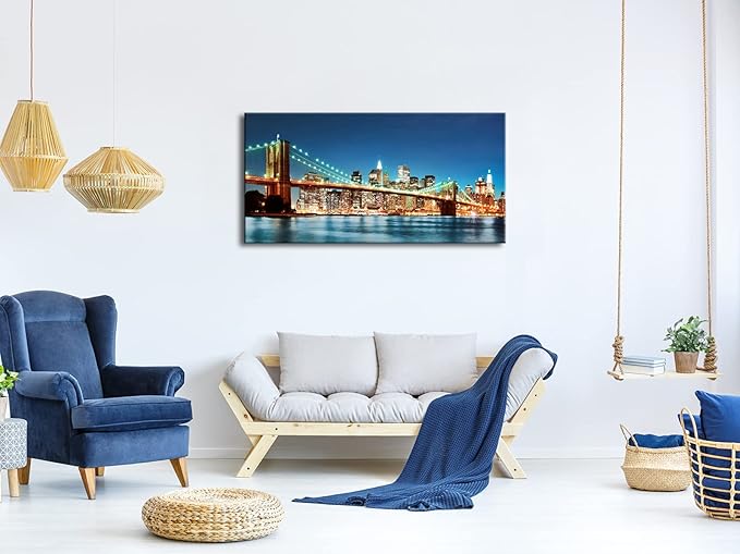 Pyradecor Large Modern New York Cityscape Canvas Wall Art Brooklyn Bridge Night View Canvas Prints Stretched Landscape Pictures Paintings Artwork for Living Room Home Decorations L-Ruum Studio Home