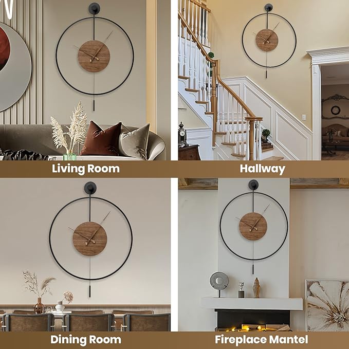 Large Modern Wall Clock,Wall Clocks for Living Room Decor,Classical Silent Metal Minimalist Walnut Dial,Big Decorative Farmhouse Pendulum Wall Clock With Walnut Pointers for Office,Dining Room-Ruum Studio Home