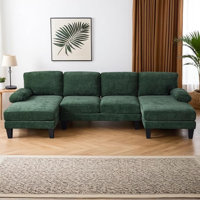 Karl home U-Shape Sectional Sofa Couch 111" Modern 4-Seat Sofa with Chaises Chenille Fabric Upholstered Covertible Couch with Wood Grain Legs for Living Room, Reception Room, Apartment, Green-Ruum Studio Home