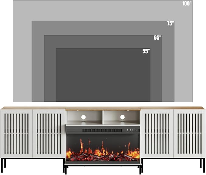 3-Sided Glass Farmhouse Fireplace TV Stand for TVs Up to 100 Inch, Entertainment Center with 36" Electric Fireplace, TV Console with Storage Cabinets for Living Room, Antique White-Ruum Studio Home