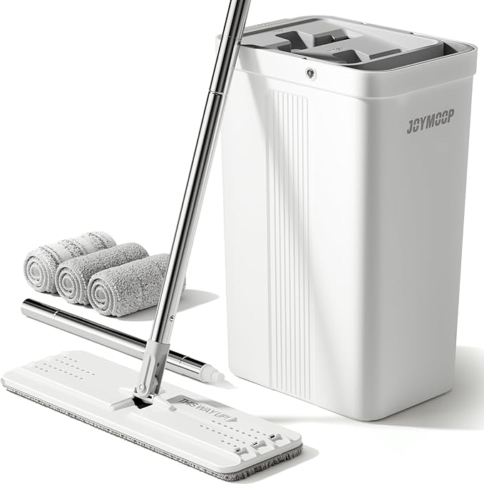 JOYMOOP Mop and Bucket with Wringer Set, White Flat Squeeze Bucket Set for Floor Cleaning, Wet Dry Wall Cleaner with Long Handle, Hardwood Floor Mop-3 Microfiber Cloths-Ruum Studio Home