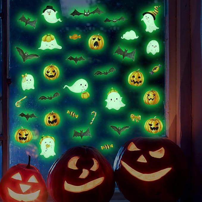clothmile 3 Sheets Glow in The Dark Halloween Window Clings Luminous Halloween Window Stickers Removable Pumpkin Ghost Bat Wall Decor Glowing Window Clings for Scary Halloween Theme Party Decorations-Ruum Studio Home