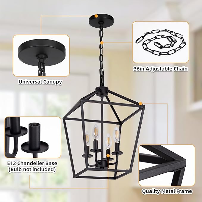 4 Light Chandelier, Industrial Ceiling Light Black Lantern Light Fixtures with Farmhouse Metal Cage Adjustable Height Rustic Geometric Hanging Light E12 Base for Kitchen Island, Entryway, Indoor-Ruum Studio Home
