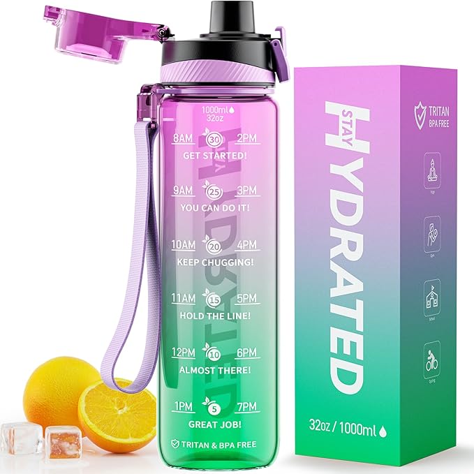 Water Bottle, 32 oz Motivational Water Bottles with Time Marker-Tritan & BPA Free, Sports Water Bottle with Time to Drink & Strap, Wide Mouth, Leakproof -Gift for Christmas Gym Fitness & Outdoor-Ruum Studio Home