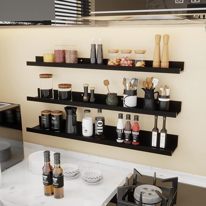 Giftgarden 36 Inch Black Floating Shelves for Wall Woodgrain Picture Ledge Large Photo Shelf for Bedroom Living Room Kitchen Bathroom Storage Shelving, Set of 3 Different Sizes-Ruum Studio Home