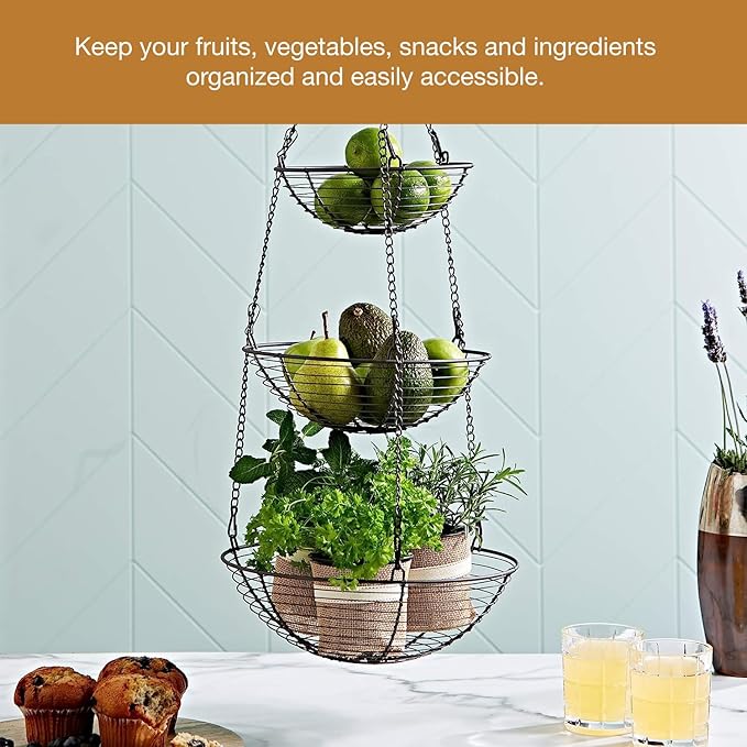 REGAL TRUNK & CO. 3 Tier Hanging Fruit Basket, Farmhouse Wire Basket, Three Tier Fruit Basket for Kitchen for Vegetables, Bread & More, Metal Chain, Hanging Hook and Detachable Round Wire Baskets-Ruum Studio Home