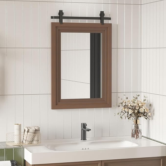 ALBAD Farmhouse Wood Framed Wall Mirror, Natural Wood and Framed Wall Mounted Bathroom Vanity Mirror for Farmhouse Decor, Vertical or Horizontal Hanging-Ruum Studio Home