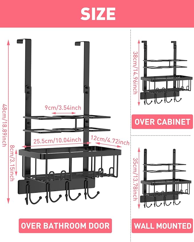 REFLYING Over-the-Door Hairdryer and Styling Tool Organizer, Metal, Black, 3 Compartments, 8 Hooks, 15"H x 10"W x 4.7"D-Ruum Studio Home
