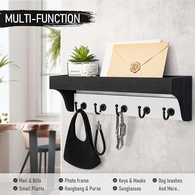 Rebee Vision Key Holder Wall Mount with Shelf - Decorative 2-Color Key Rack with 5 Rustic Key Hooks and Primitive Wood Mail Organizer Wall Mount - Modern Farmhouse Entryway Decor (Black & White)-Ruum Studio Home