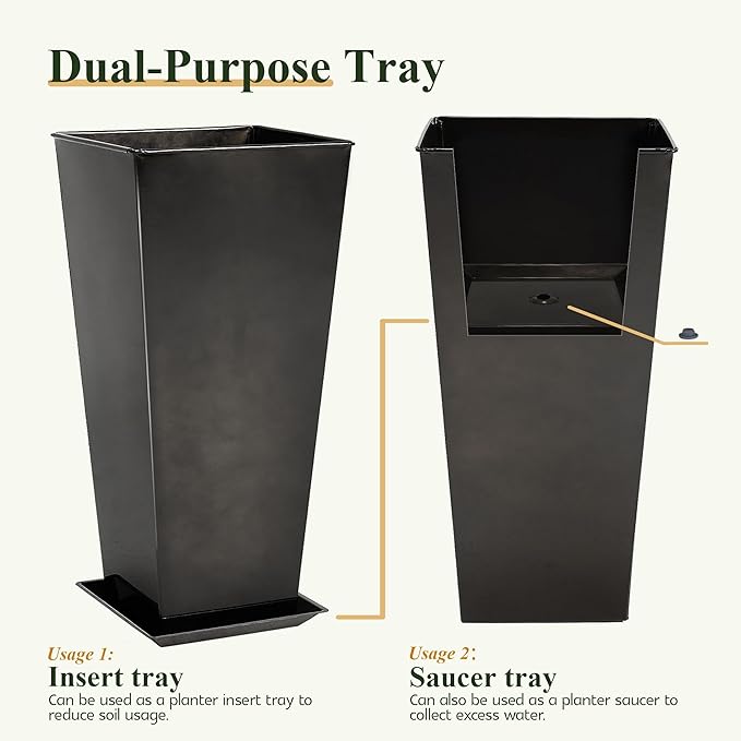 WORTH Garden Large Metal Glazed Planter Set of 2 (25" + 28"), Luxurious Glossy Finish Black Tall Square Tapered Steel Plant Pot, Decor Flower Pot Indoor & Outdoor, Drainage Hole & Dual-Purpose Saucer-Ruum Studio Home