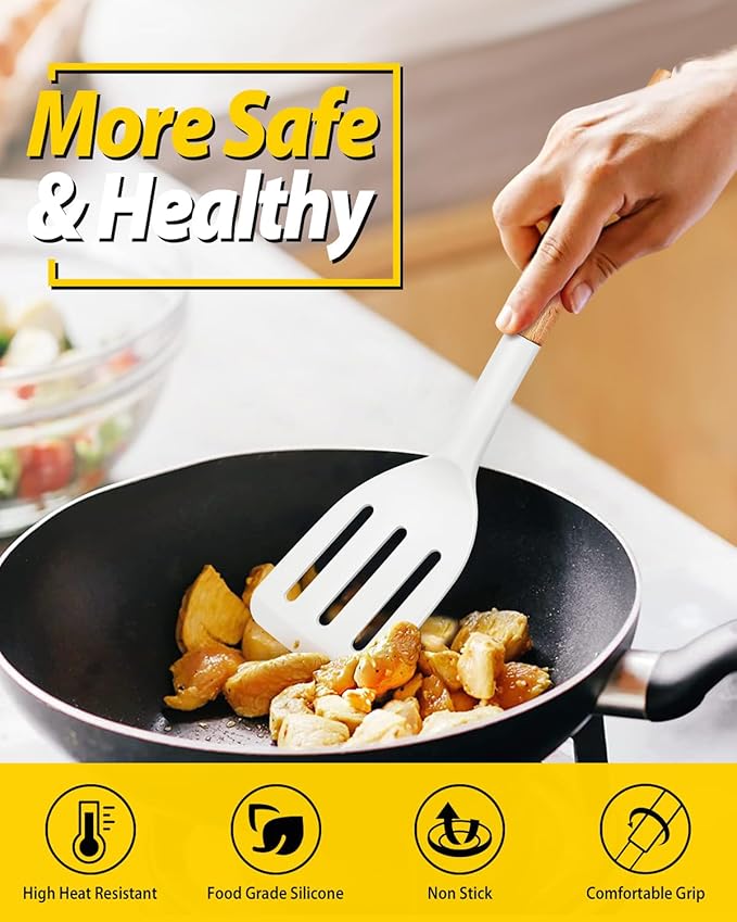 Pack of 2 Silicone Cooking Spatula, Heat Resistant Solid Turner, Non Stick Slotted Spatulas with Wooden Handle,Ideal Wood Kitchen Utensils Set for Frying, Baking, Flipping, Turning (WHITE)-Ruum Studio Home