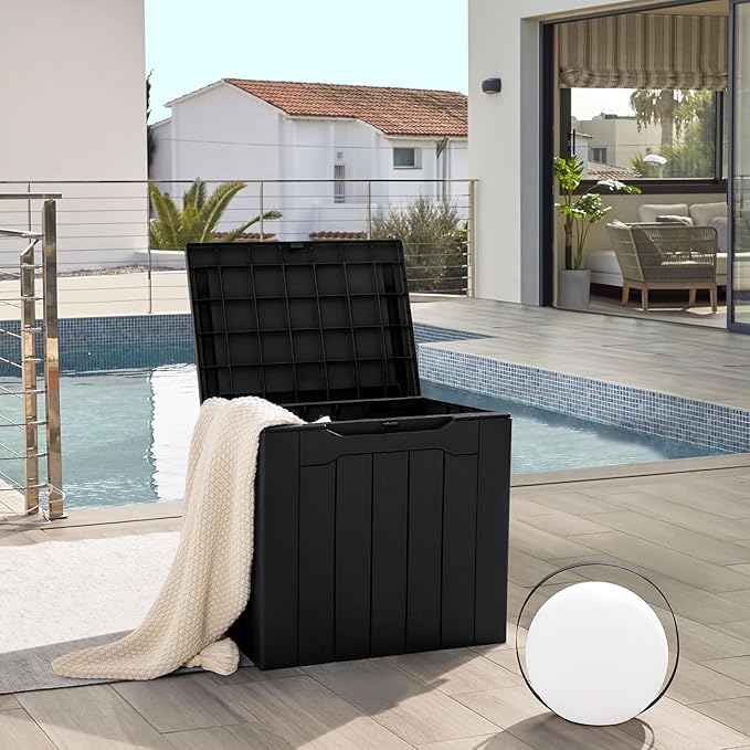 JUMMICO 31 Gallon Resin Deck Box Waterproof Indoor Outdoor Storage Boxes for Patio Furniture Cushions and Garden Tools (Black)-Ruum Studio Home