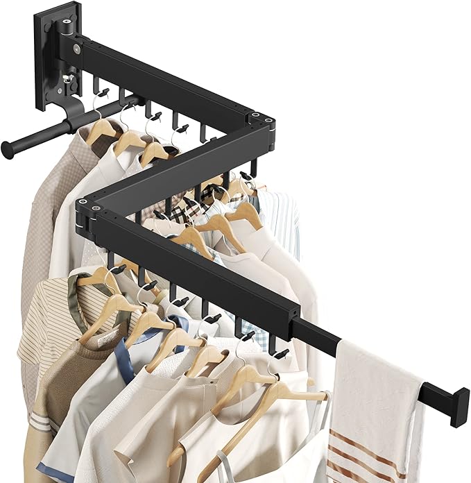Drying Rack Clothing, Retractable Clothes Drying Rack,Wall Mounted Laundry Rack, Laundry Drying Rack Wall Mount,Collapsible Clothes Rack,can Fold Upward & Left & Right,Black Color-Ruum Studio Home