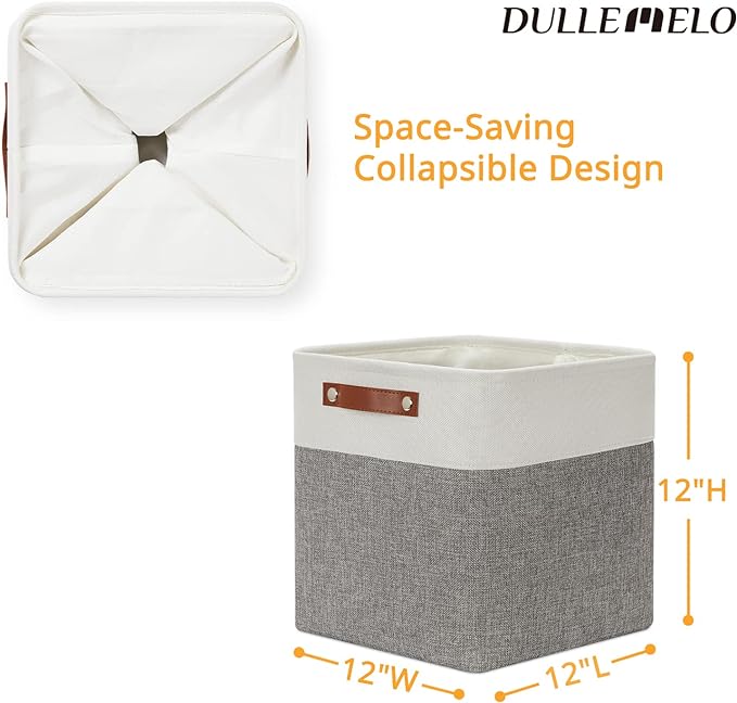 DULLEMELO [Set of 4 Storage Cubes Baskets for Organizing, 12 x 12 x 12 inch Cube Storage Organizer Bins with Leather Handles, Foldable Fabric Cloth Bins for Cube Storage(4 Pack - 12" White&Grey)-Ruum Studio Home
