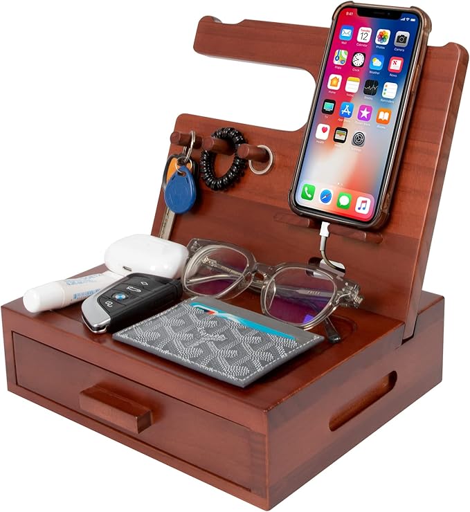 Solid Wood Nightstand Organizer by SolaJoy, Docking Station, Gifts for Men, Made of Cedar, Versatile Bedside Table Organizer for Cellphone, Watch, Headphone, Keys Walnut Wood-Ruum Studio Home