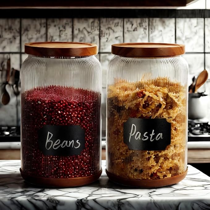 SAIOOL 2-Pack Striped Borosilicate Glass Airtight Canisters - Big mouth Large Capacity, Acacia Wood Lid, Food Storage Jars for Flour, Pasta, Pantry Organization (1 Gallon （2 Striped pack）)-Ruum Studio Home