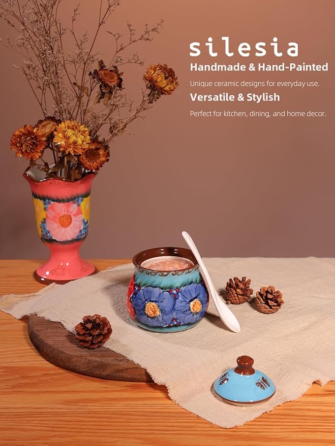 silesia Handmade Sugar Bowl with Lid and Spoon, 9 Ounce Ceramic Hand-Painted Sugar Jar for Home in Gift Box, Kitchen Decor, Oven, Dishwasher & Microwave Safe, Glazed Blue-Ruum Studio Home