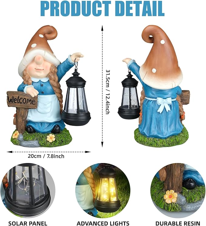 Solar Large Gnome Garden Statue with Welcome Sign Outdoor Decor with LED Lantern Funy for Porch Yard Patio Lawn Ornament Christmas Housewarming Gardening Gift-Ruum Studio Home