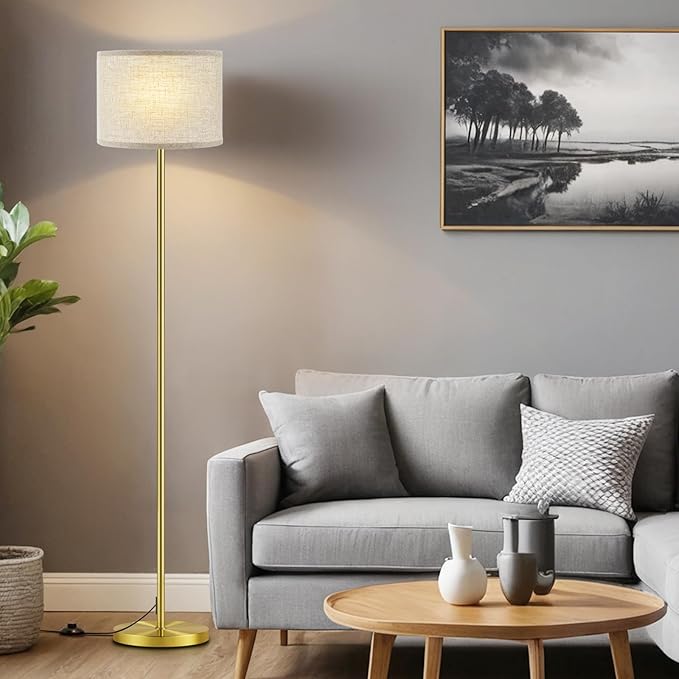 Ambimall 60'' Modern Floor Lamp with Shade, Tall Lamps for Living Room, Bedroom, Office, Dining Room, Beige Shade with Brushed Gold Pole(Without Bulb)-Ruum Studio Home